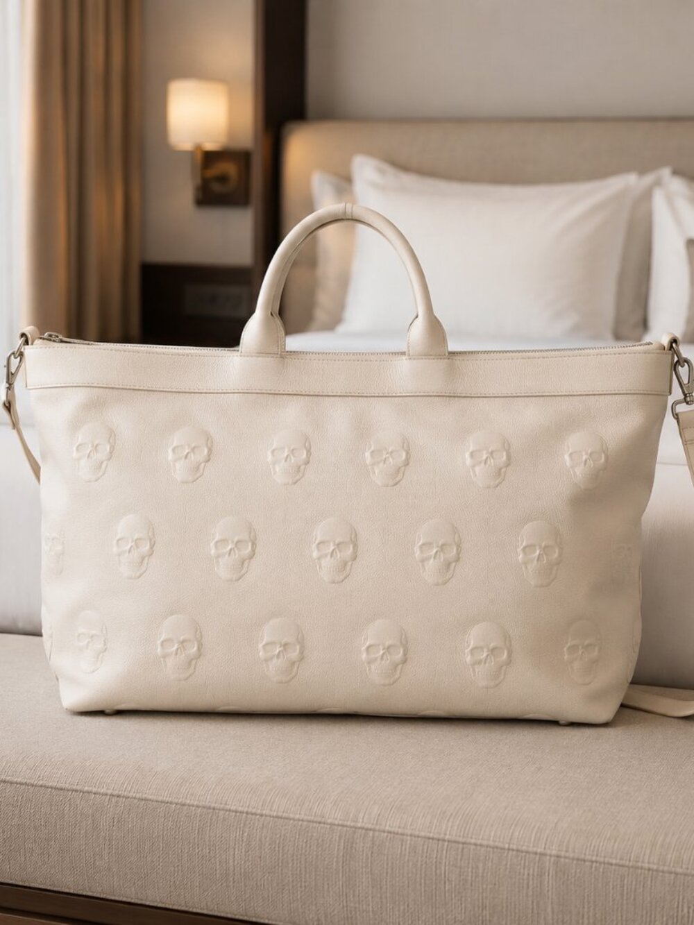 IO PELLE Italian XL 3D Skull Leather Weekender Tote Latte Rare NEW